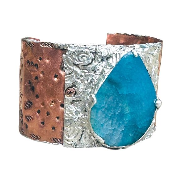 Rustic Copper & Silver Hammered Cuff Bracelet W/ Blue Agate Teardrop Gemstone - Picture 10 of 16